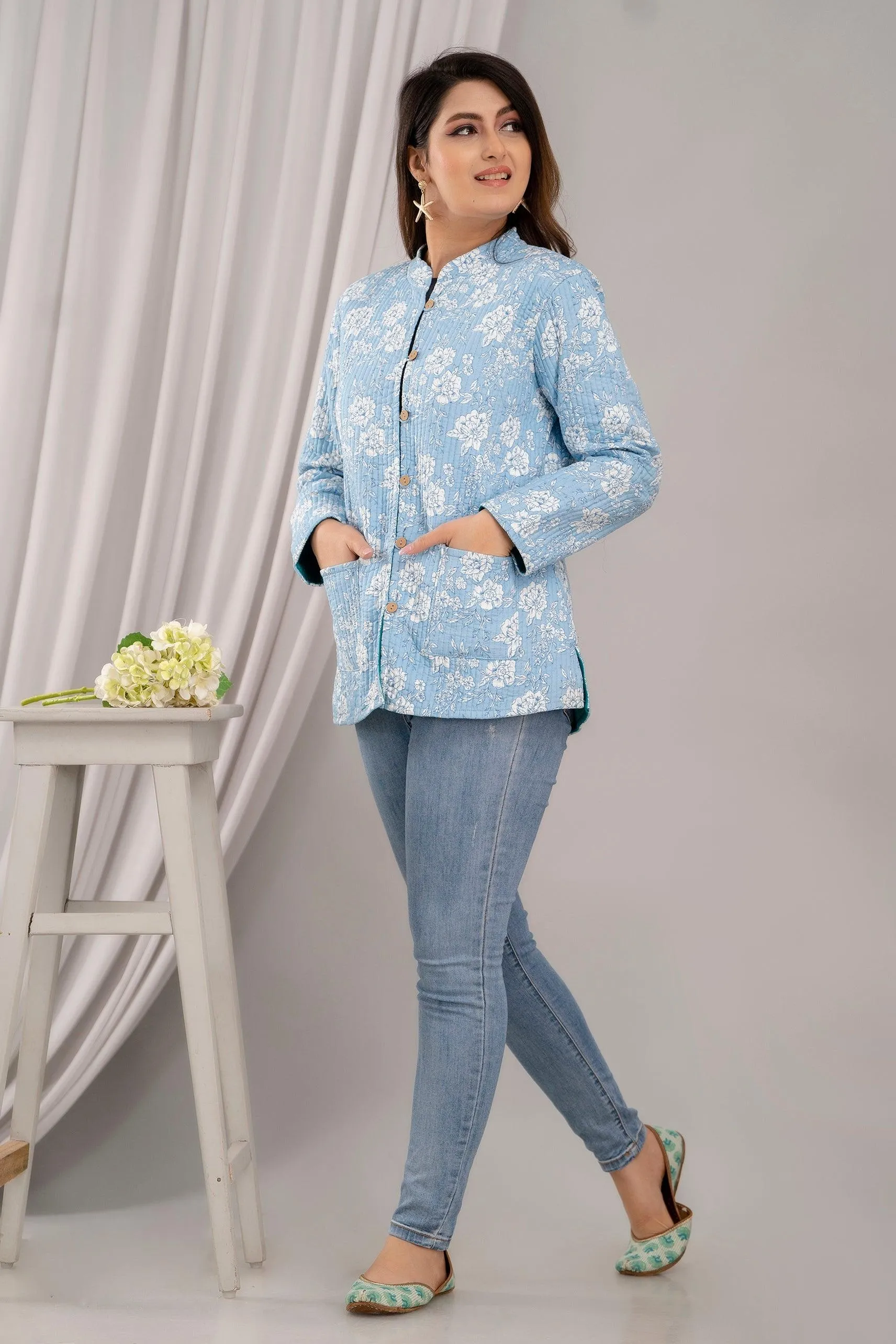 Women Printed Lightweight Cotton Quilted Sky Blue Jacket - SHKL1025