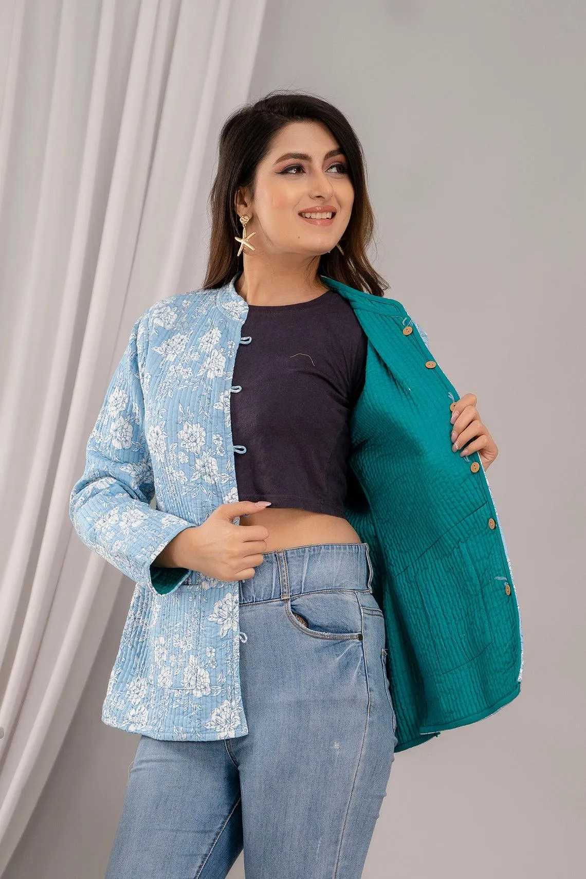 Women Printed Lightweight Cotton Quilted Sky Blue Jacket - SHKL1025