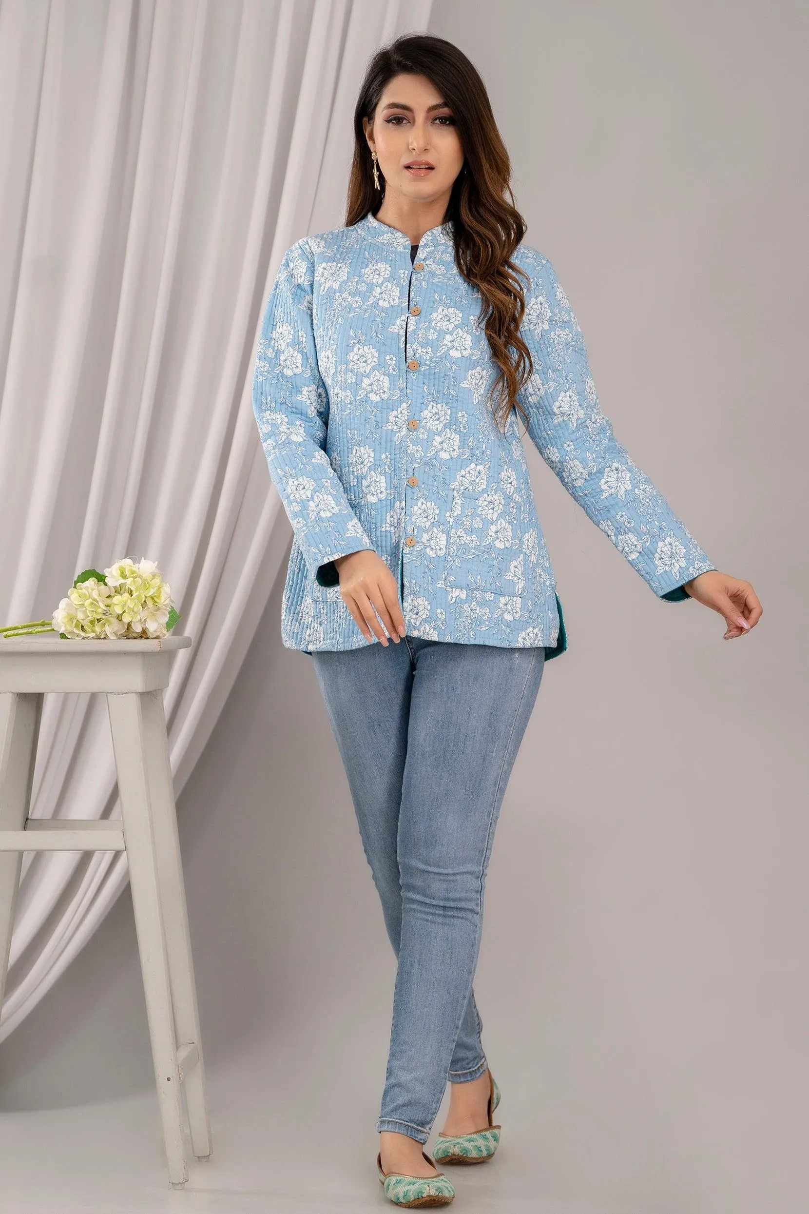 Women Printed Lightweight Cotton Quilted Sky Blue Jacket - SHKL1025