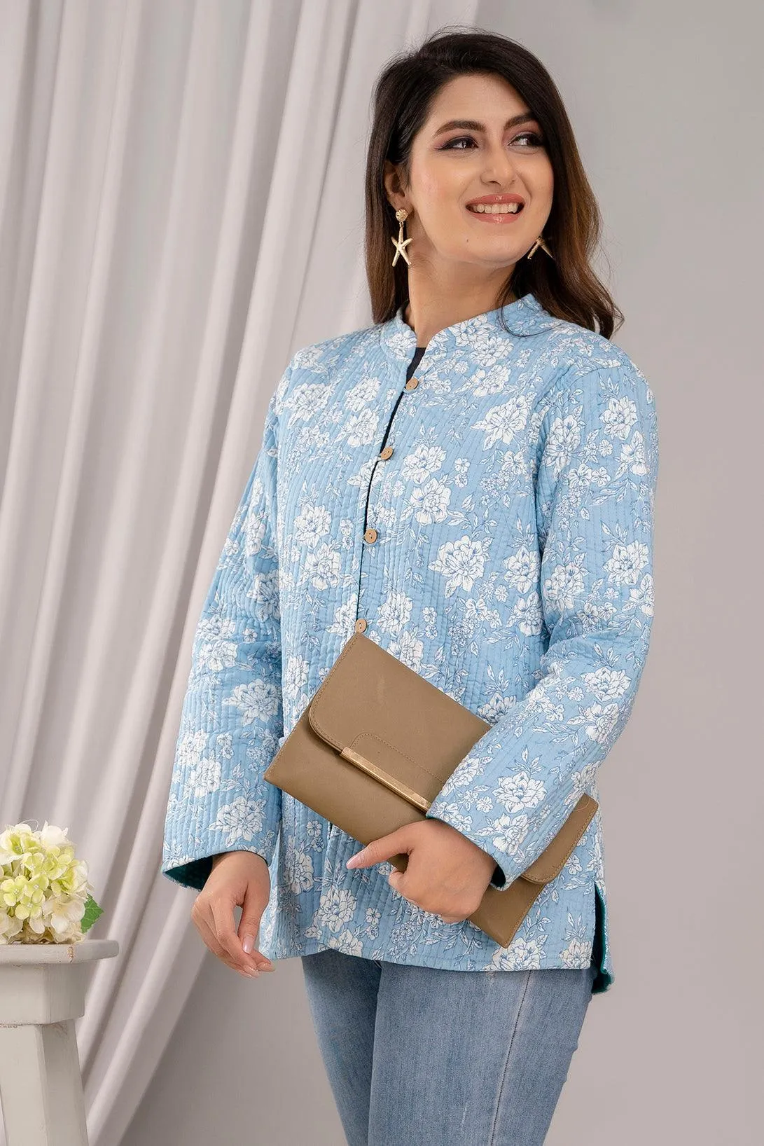 Women Printed Lightweight Cotton Quilted Sky Blue Jacket - SHKL1025