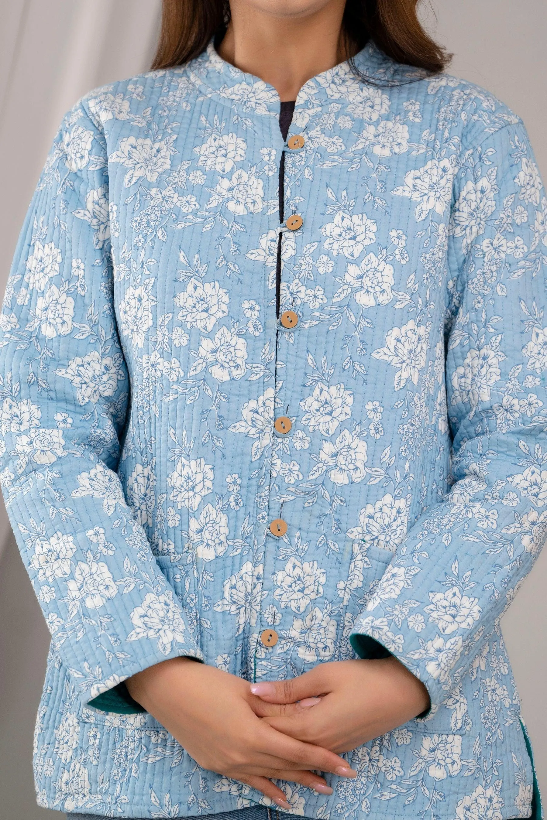 Women Printed Lightweight Cotton Quilted Sky Blue Jacket - SHKL1025