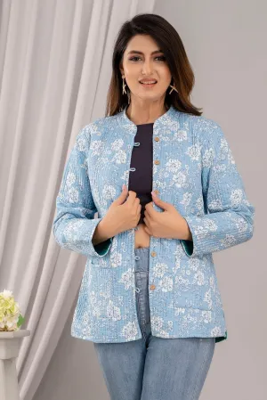 Women Printed Lightweight Cotton Quilted Sky Blue Jacket - SHKL1025