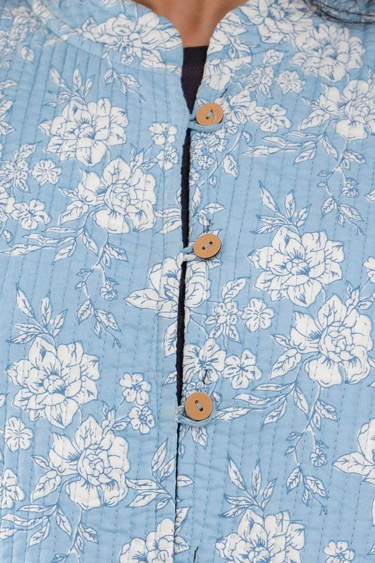 Women Printed Lightweight Cotton Quilted Sky Blue Jacket - SHKL1025