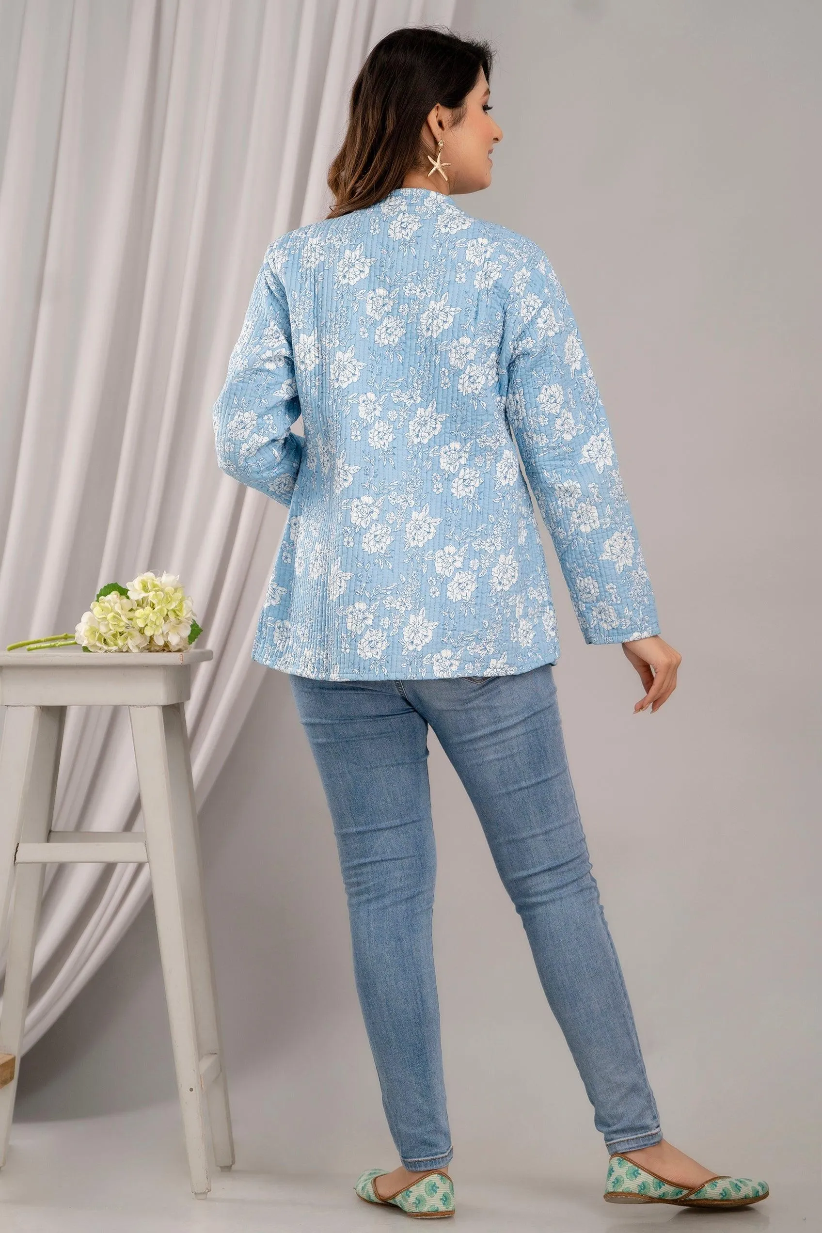 Women Printed Lightweight Cotton Quilted Sky Blue Jacket - SHKL1025