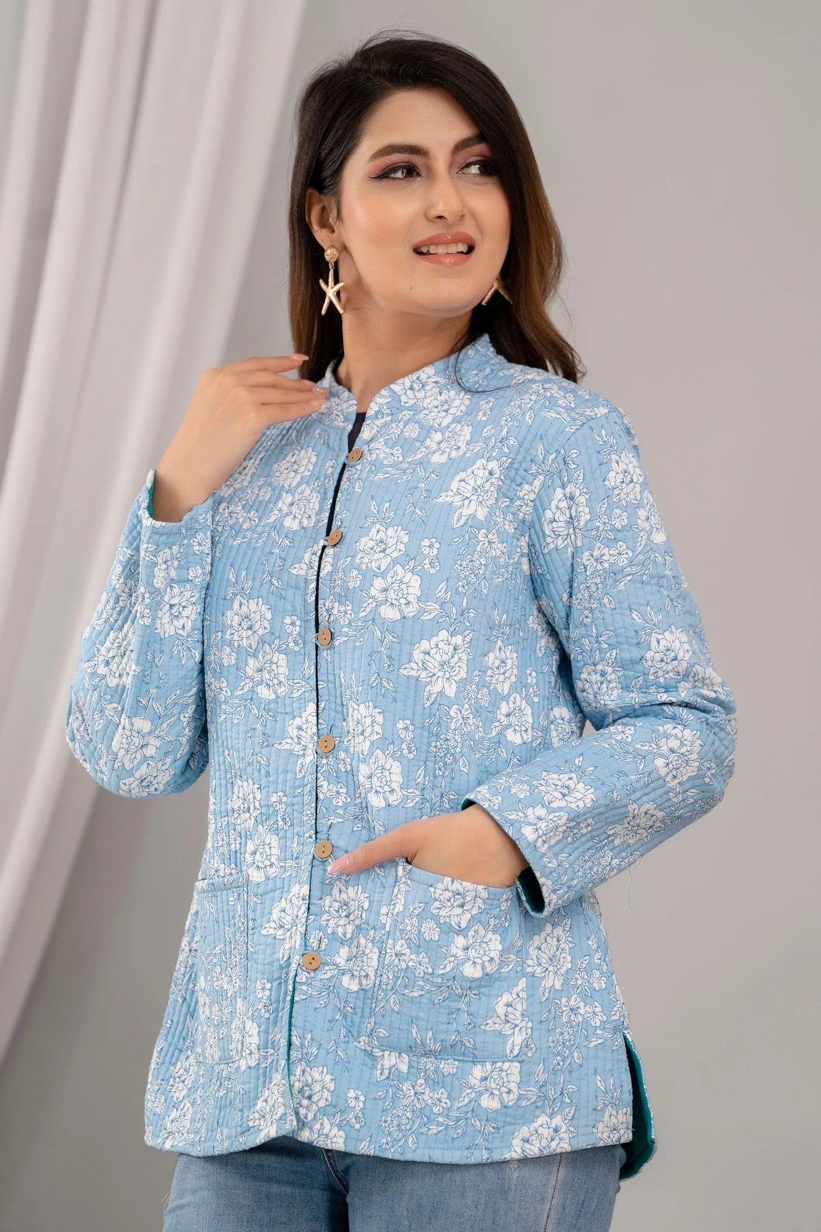 Women Printed Lightweight Cotton Quilted Sky Blue Jacket - SHKL1025