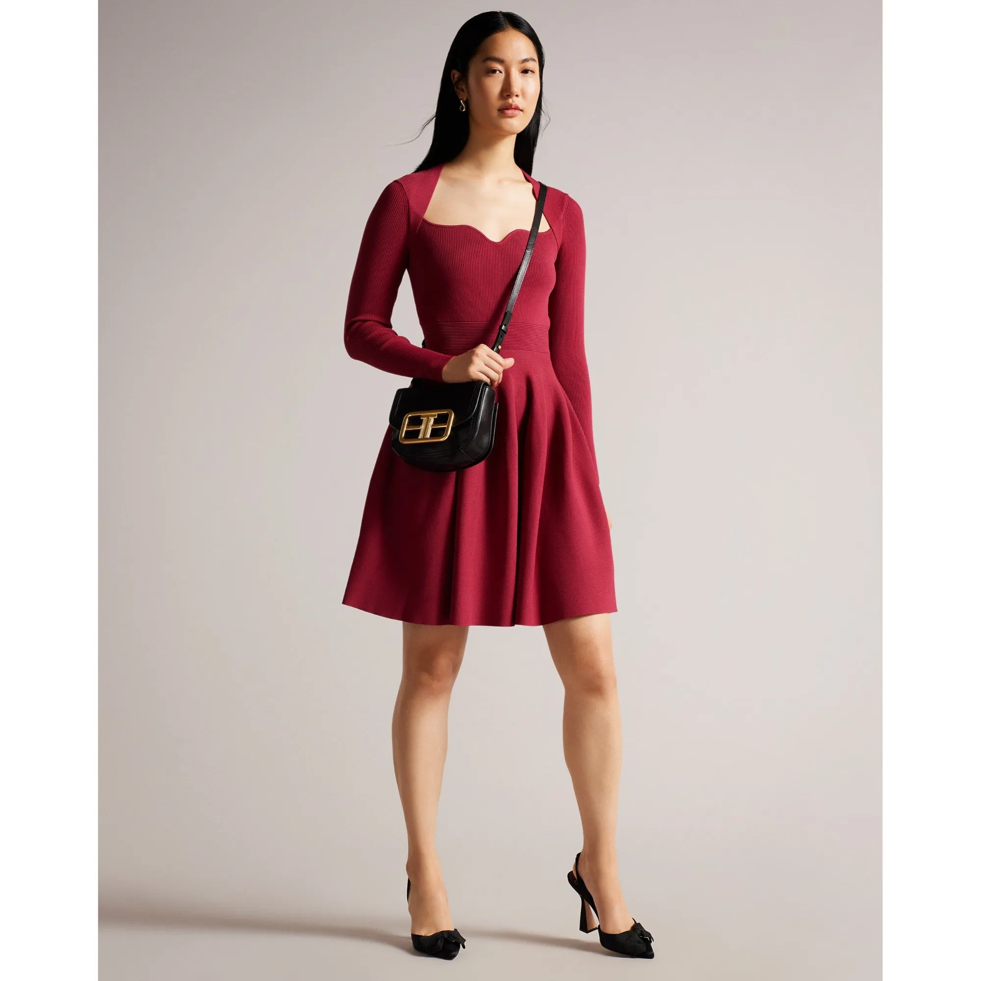 Women Wmd-Viennia-Long Sleeve Knitted Sweetheart Skater Dress - Deep-Pink