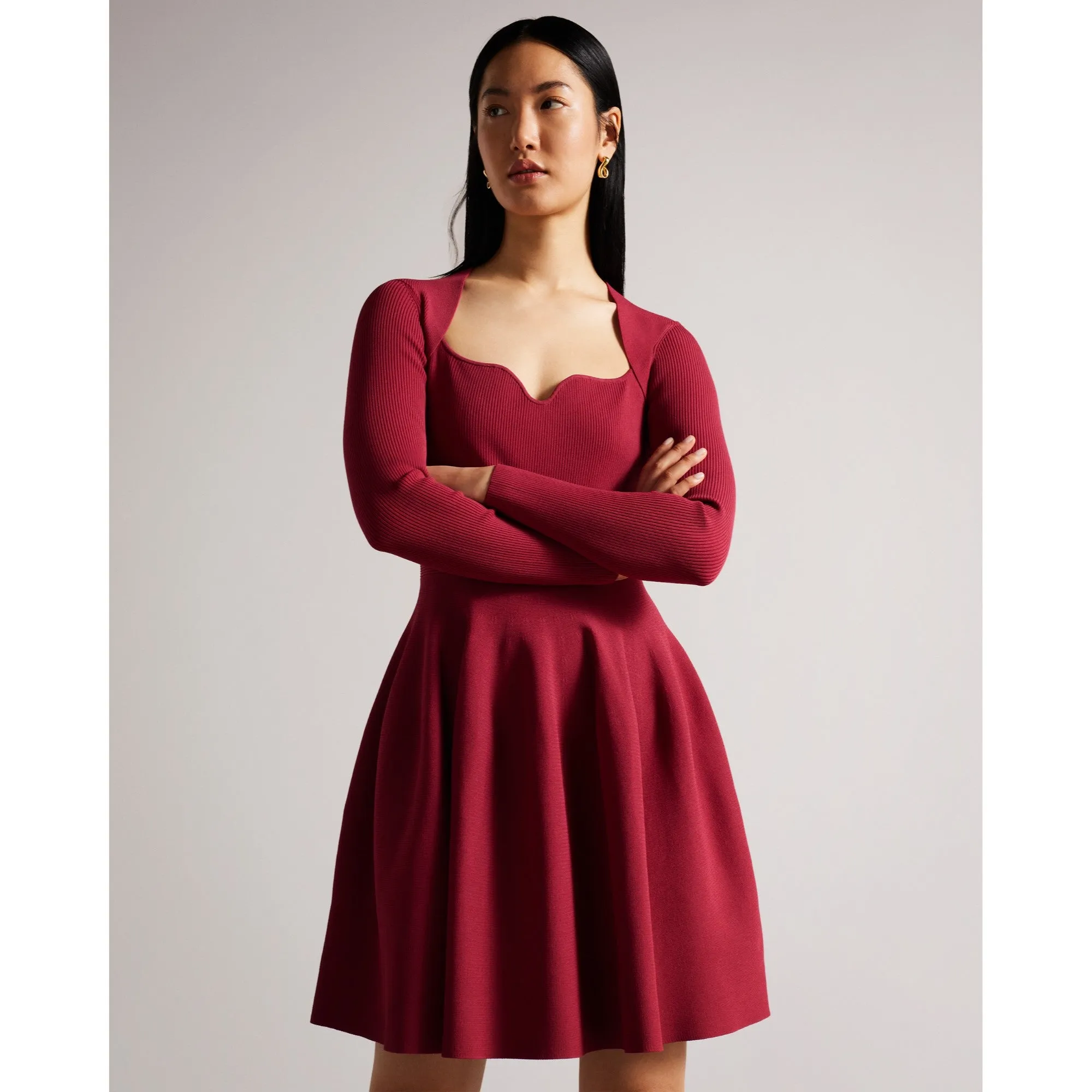 Women Wmd-Viennia-Long Sleeve Knitted Sweetheart Skater Dress - Deep-Pink