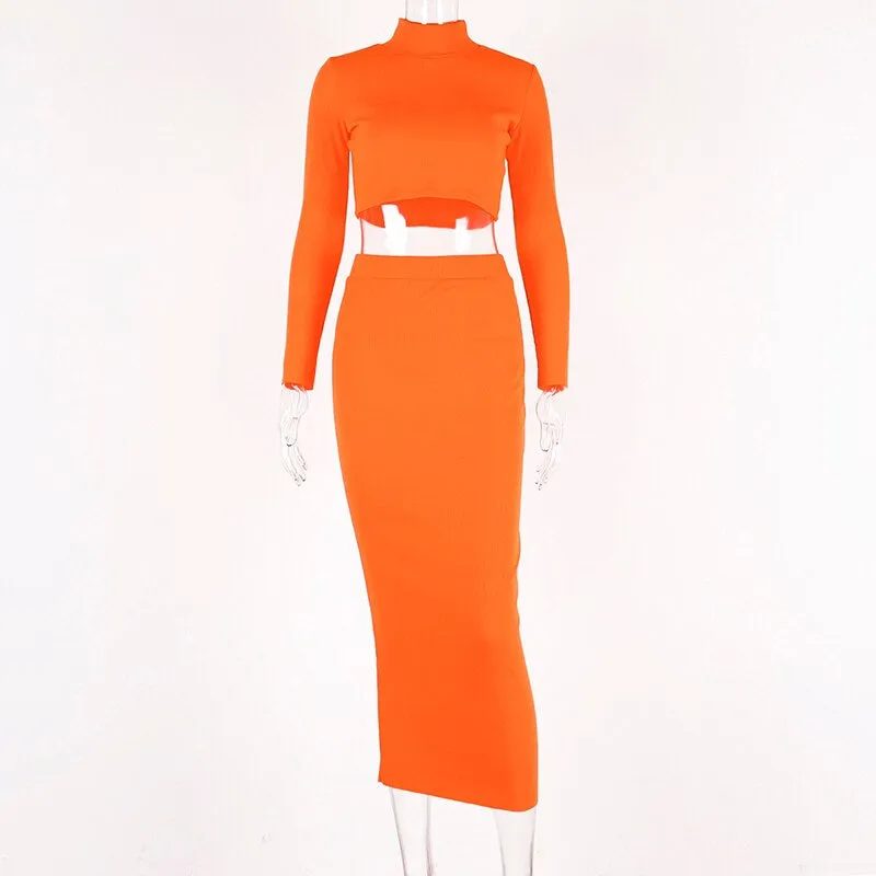 Women's Autumn Ribbed Knitted Solid Long Sleeve Two-Piece Dress