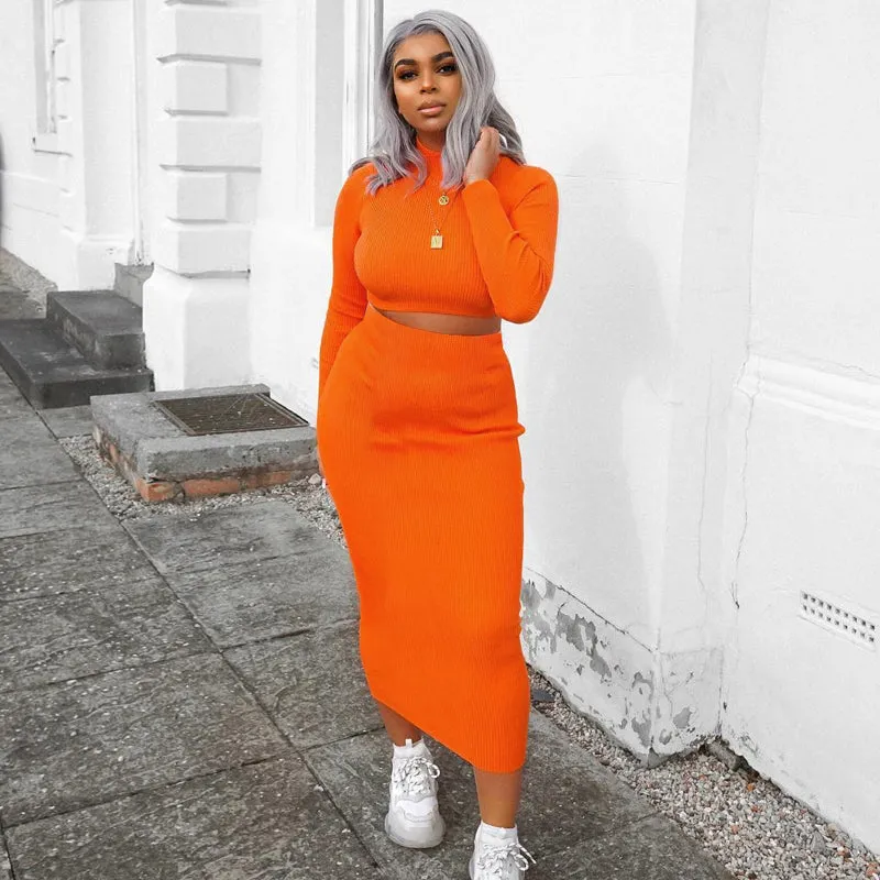 Women's Autumn Ribbed Knitted Solid Long Sleeve Two-Piece Dress
