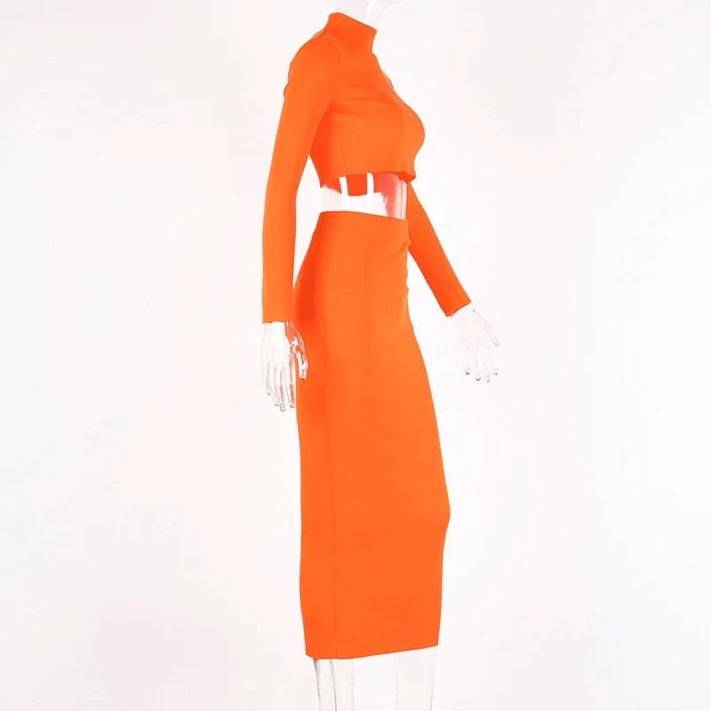 Women's Autumn Ribbed Knitted Solid Long Sleeve Two-Piece Dress