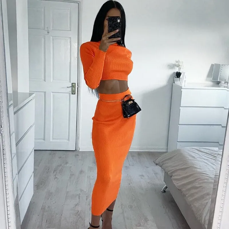 Women's Autumn Ribbed Knitted Solid Long Sleeve Two-Piece Dress