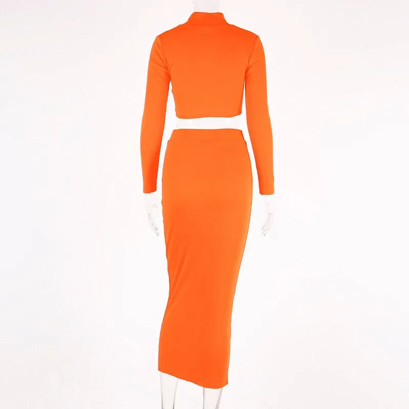 Women's Autumn Ribbed Knitted Solid Long Sleeve Two-Piece Dress