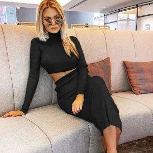 Women's Autumn Ribbed Knitted Solid Long Sleeve Two-Piece Dress