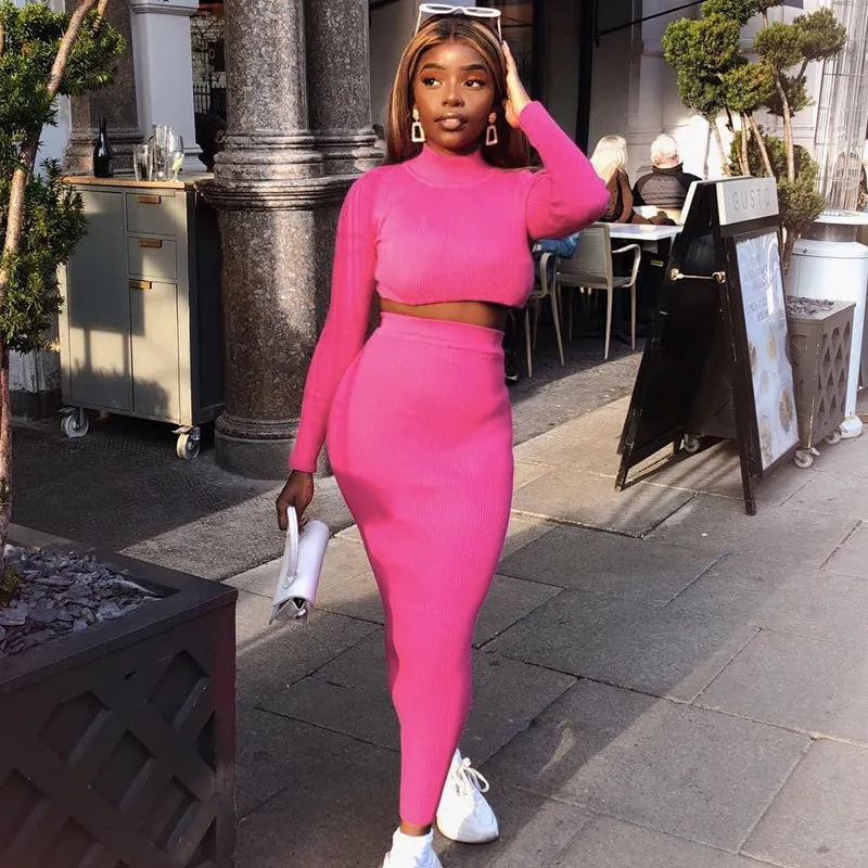 Women's Autumn Ribbed Knitted Solid Long Sleeve Two-Piece Dress