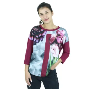 Women's Floral Satin Top,Burgundy
