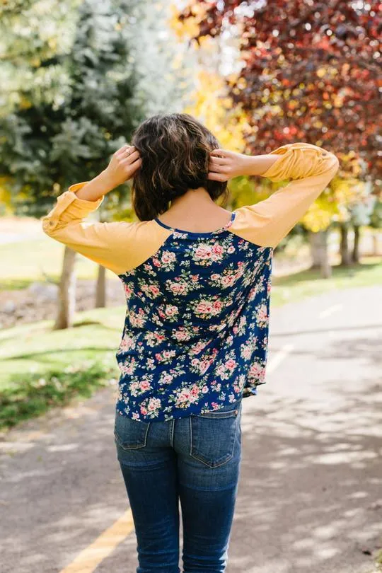 Womens Floral Shirt, Pink Roses Top, Sleeve Converts from 3/4 Length to Long Sleeve, Sizes S/M/L, Blue/Yellow