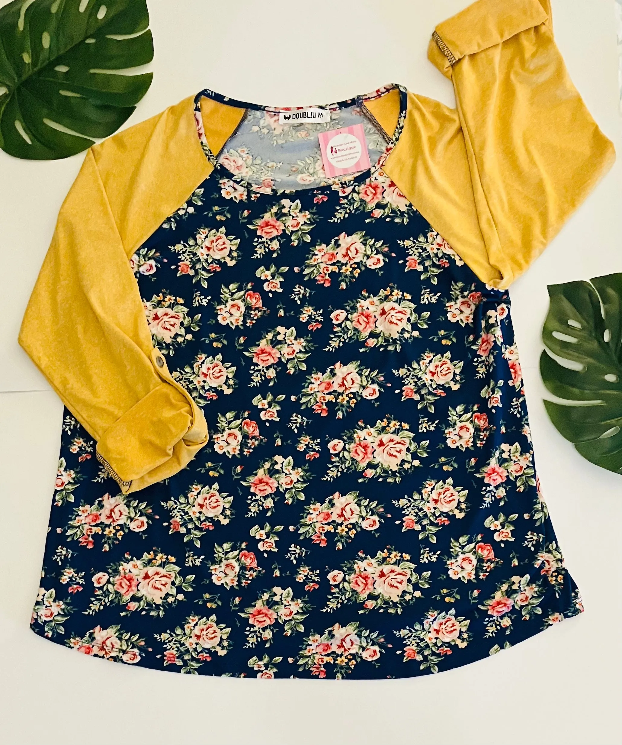 Womens Floral Shirt, Pink Roses Top, Sleeve Converts from 3/4 Length to Long Sleeve, Sizes S/M/L, Blue/Yellow
