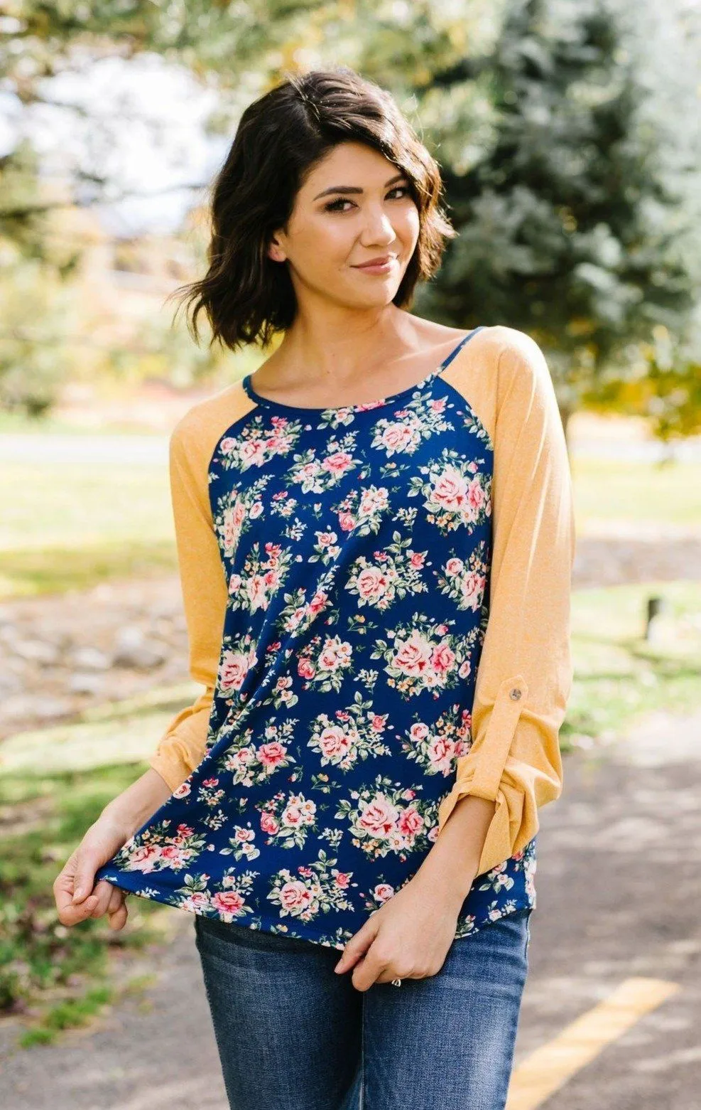 Womens Floral Shirt, Pink Roses Top, Sleeve Converts from 3/4 Length to Long Sleeve, Sizes S/M/L, Blue/Yellow