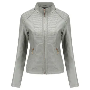 Women’s Grey Biker Genuine Sheepskin Stand Collar Quilted Fashionable Outfit Motorcycle Café Racer Leather Jacket