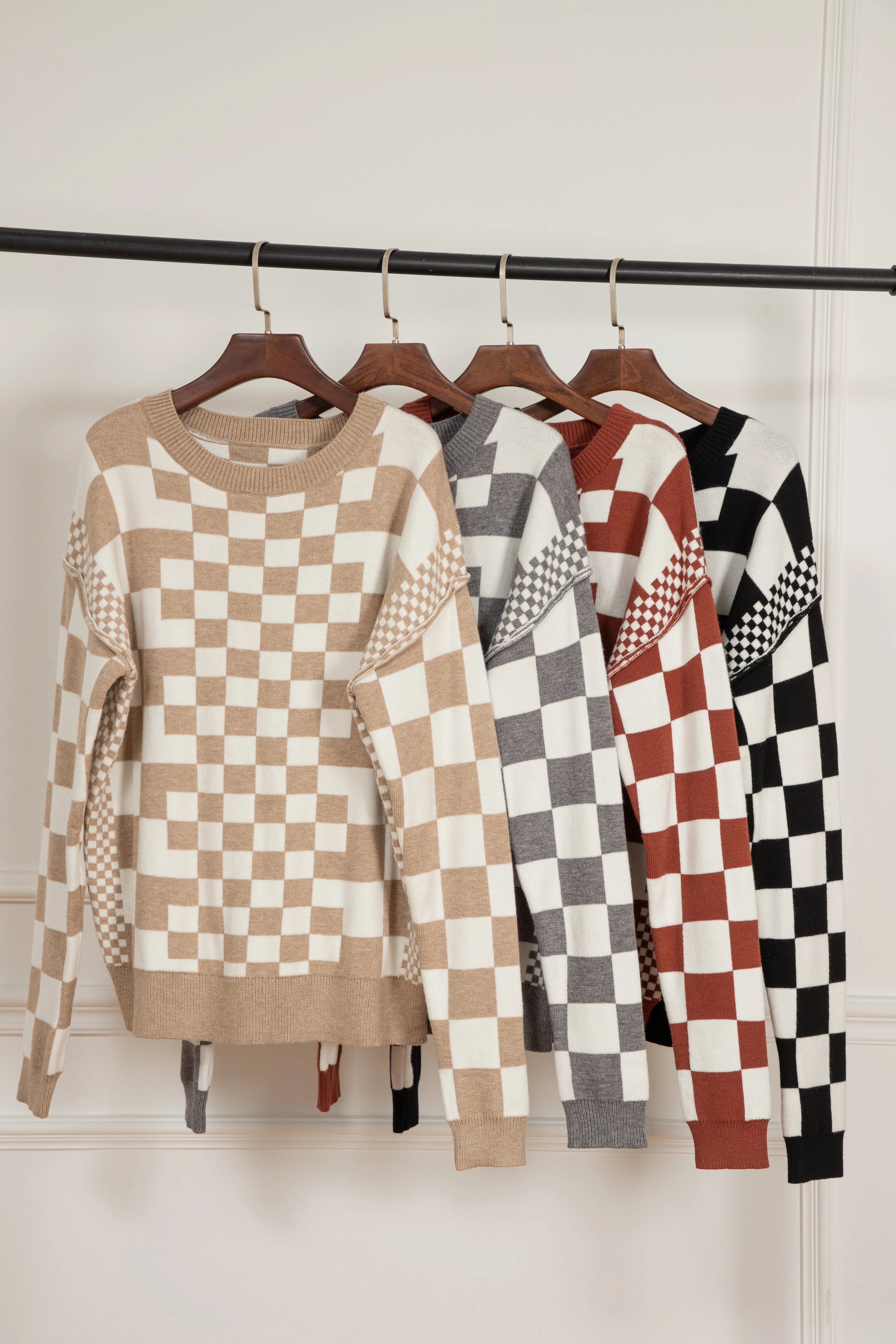 Womens Khaki Checkered Print Drop Shoulder Round Neck Sweater