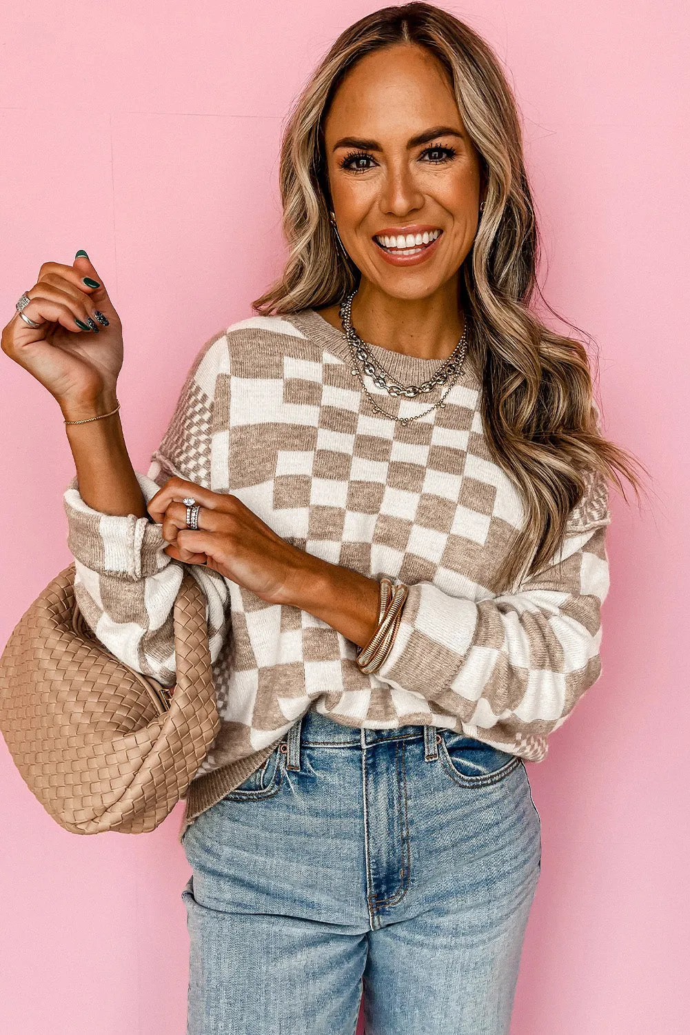 Womens Khaki Checkered Print Drop Shoulder Round Neck Sweater