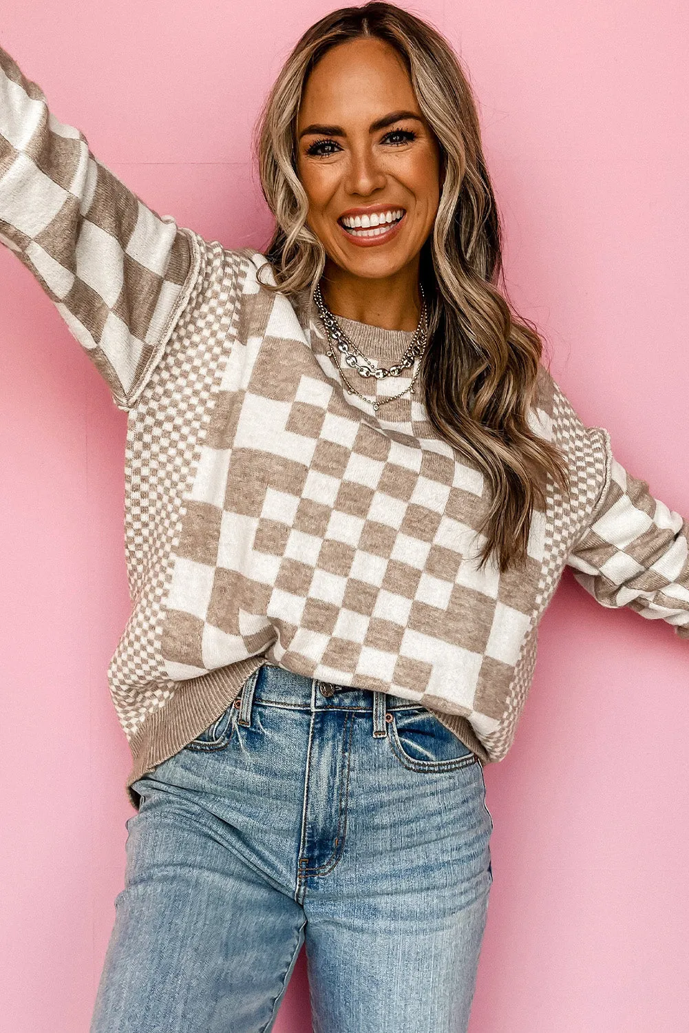 Womens Khaki Checkered Print Drop Shoulder Round Neck Sweater