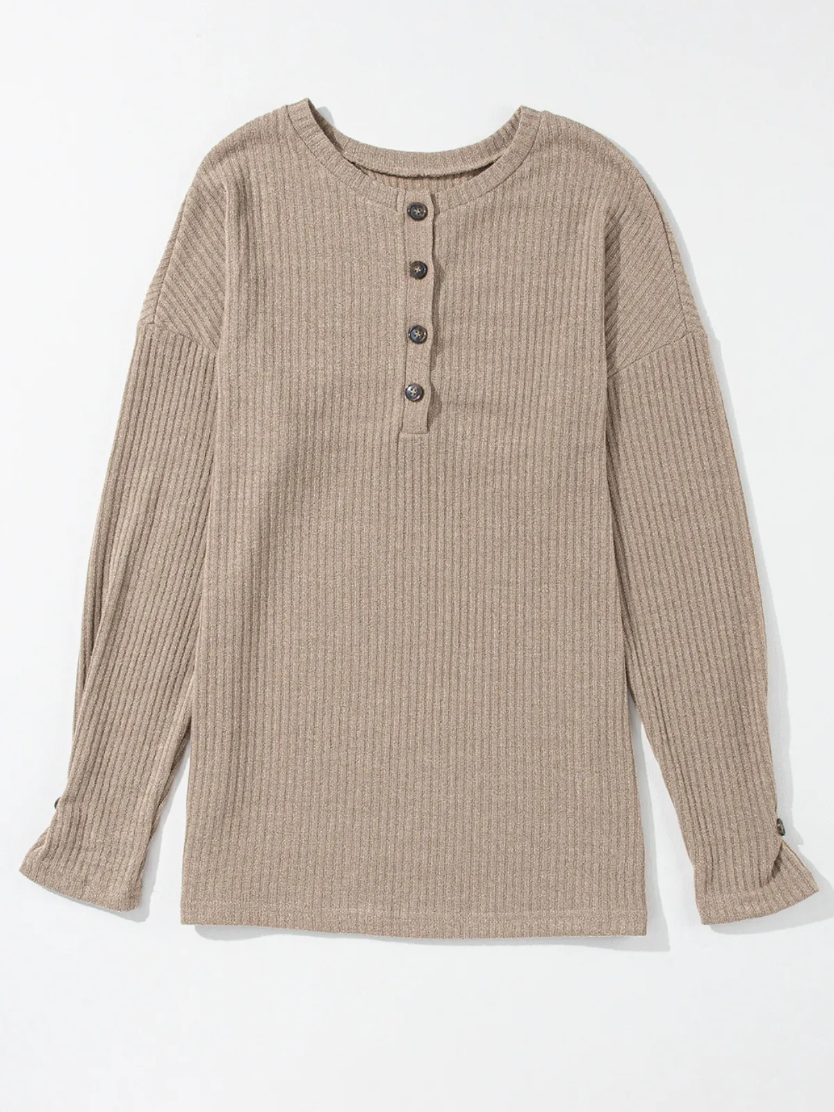 Womens Khaki Rib Textured Henley Knit Top