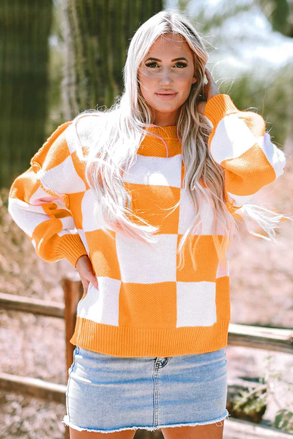 Womens Orange Checkered Bishop Sleeve Sweater