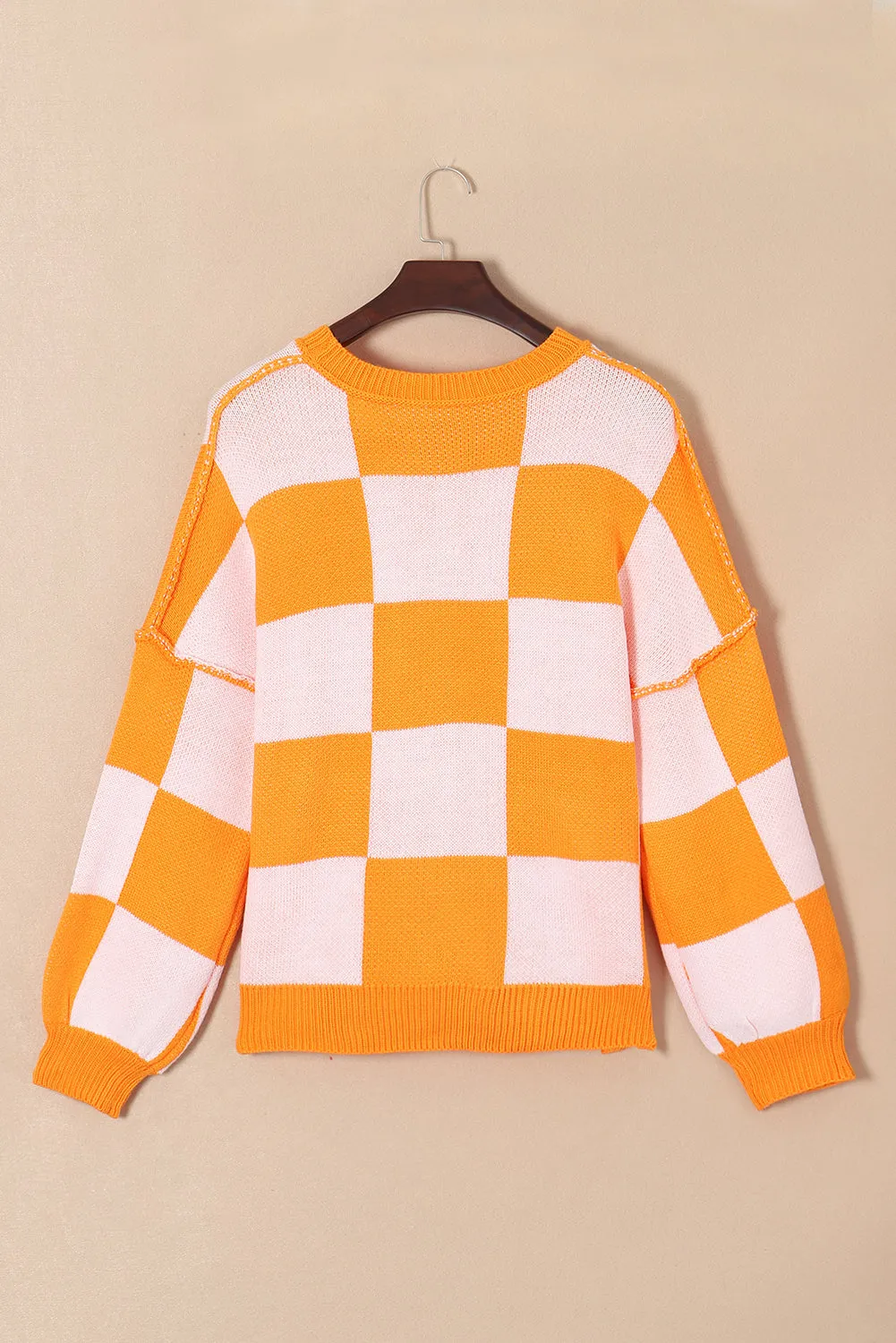 Womens Orange Checkered Bishop Sleeve Sweater