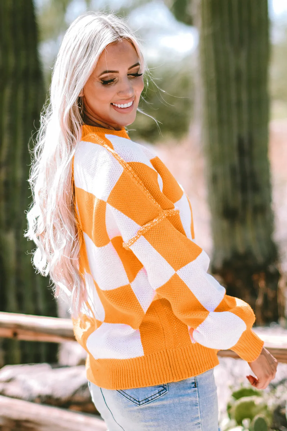 Womens Orange Checkered Bishop Sleeve Sweater
