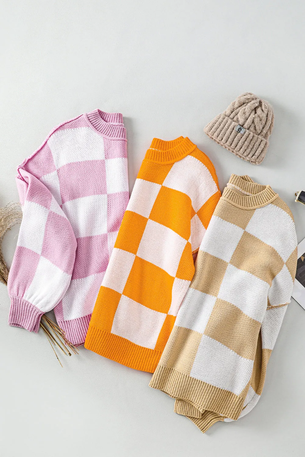 Womens Orange Checkered Bishop Sleeve Sweater