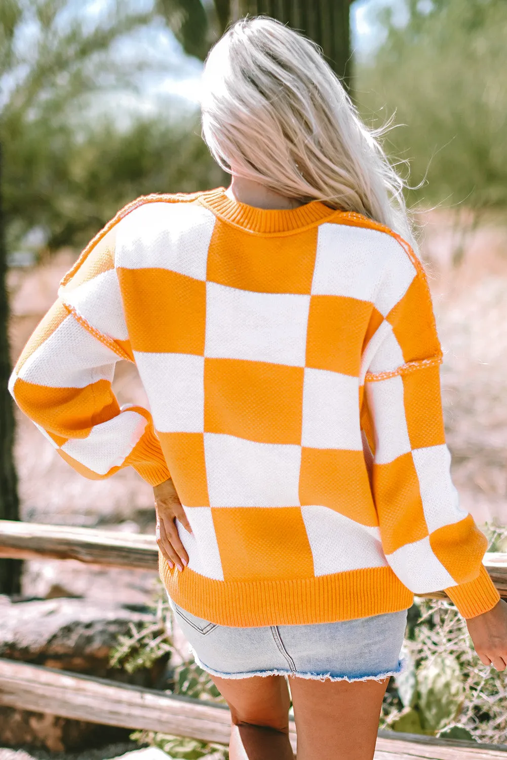 Womens Orange Checkered Bishop Sleeve Sweater