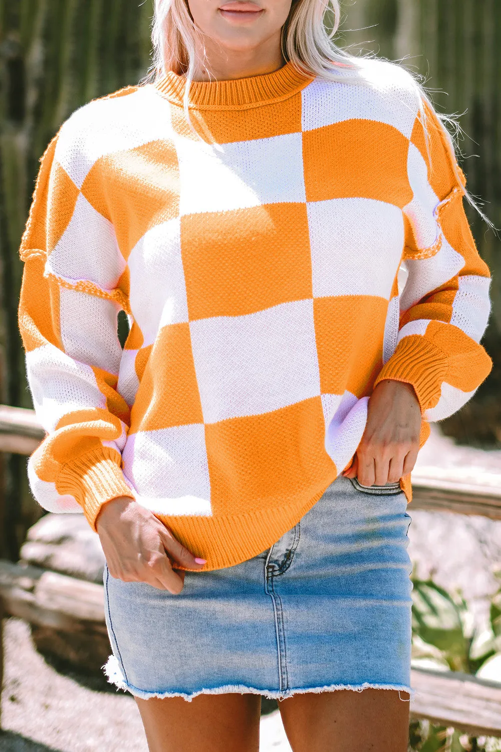 Womens Orange Checkered Bishop Sleeve Sweater