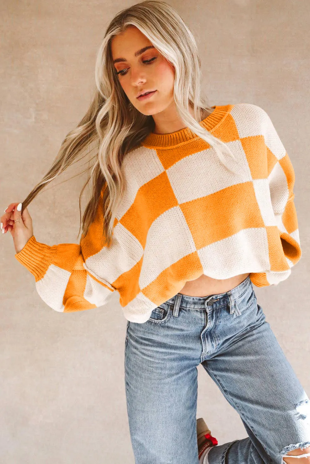 Womens Orange Checkered Bishop Sleeve Sweater