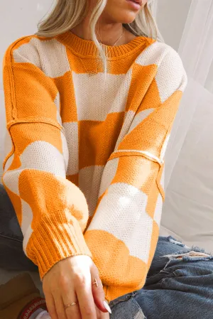 Womens Orange Checkered Bishop Sleeve Sweater