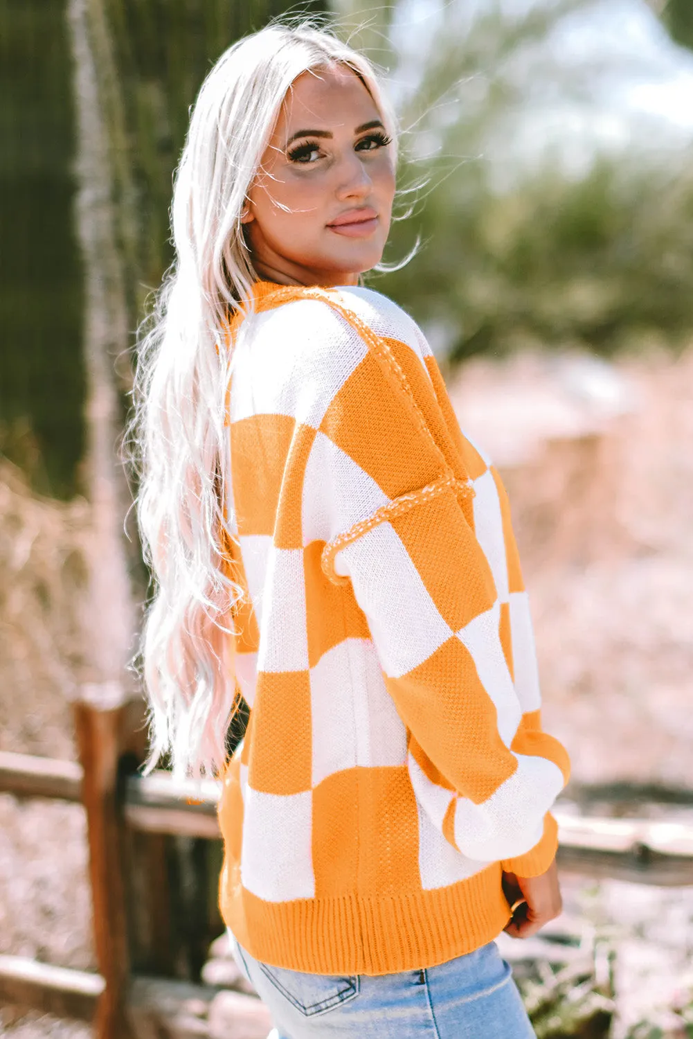 Womens Orange Checkered Bishop Sleeve Sweater