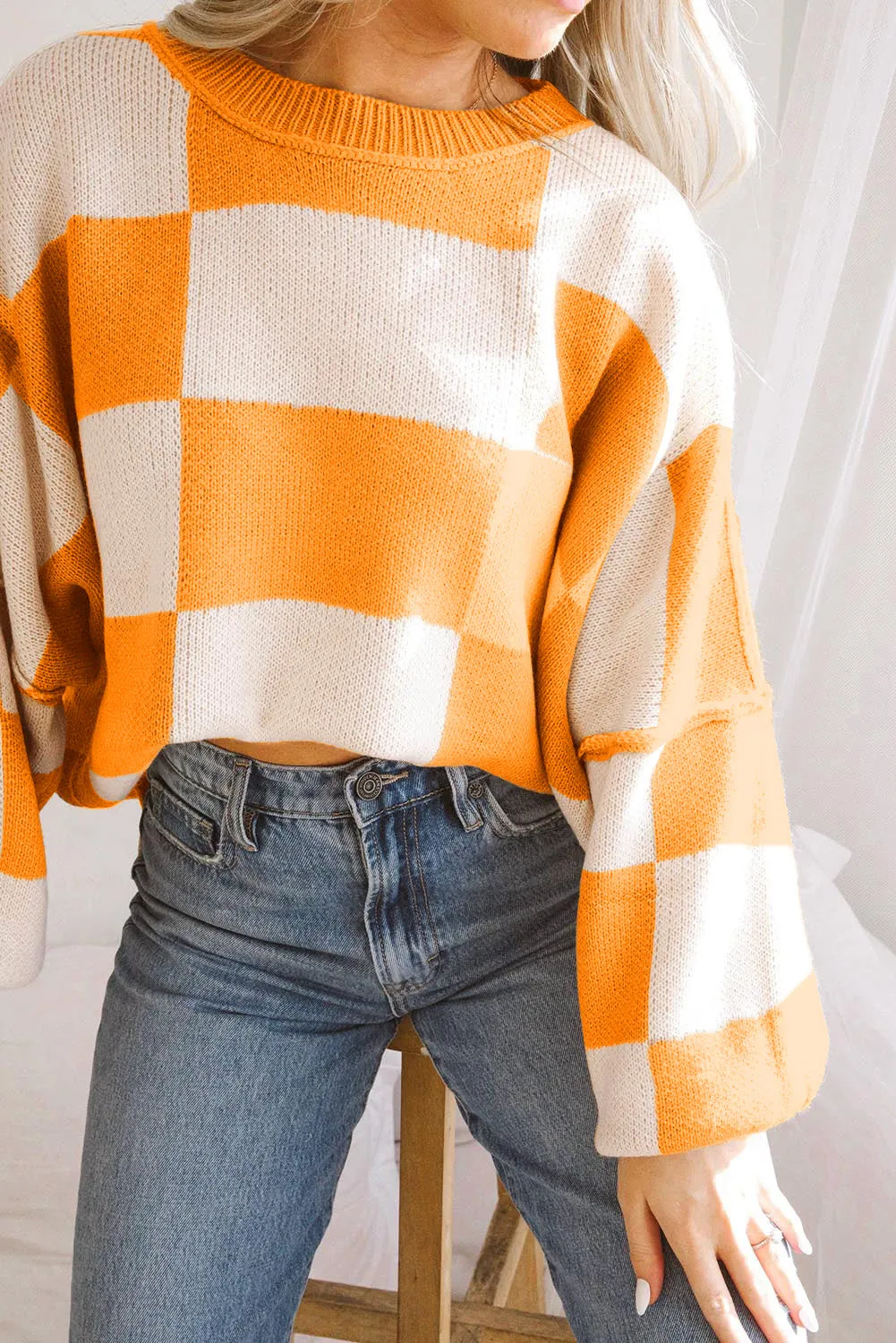 Womens Orange Checkered Bishop Sleeve Sweater