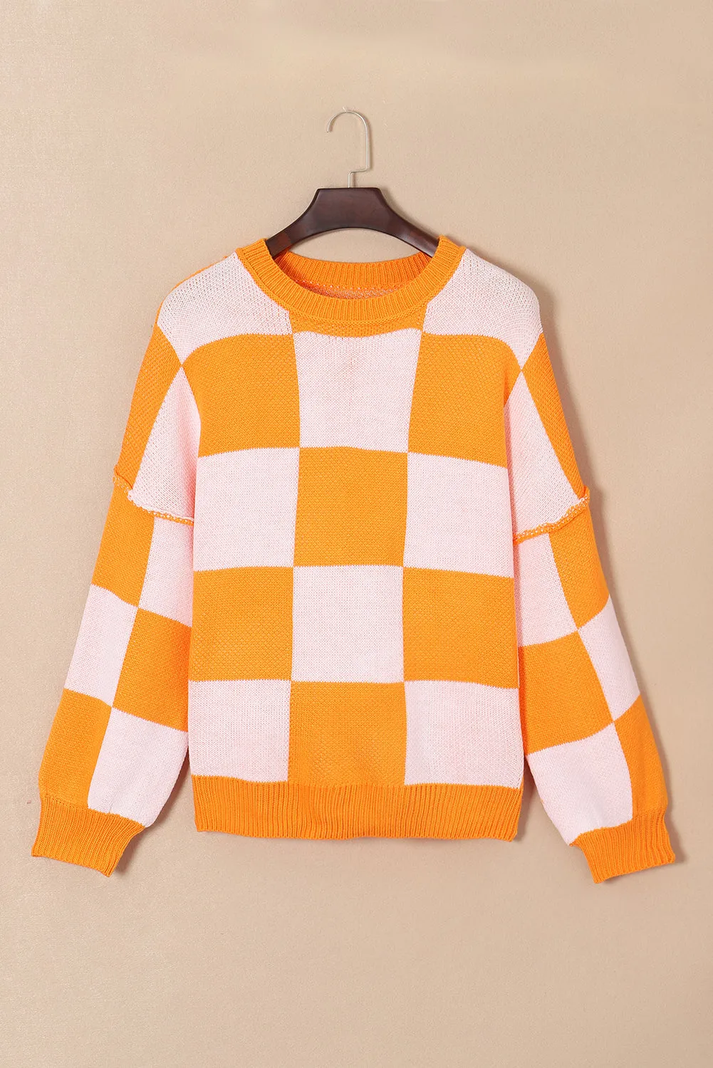 Womens Orange Checkered Bishop Sleeve Sweater