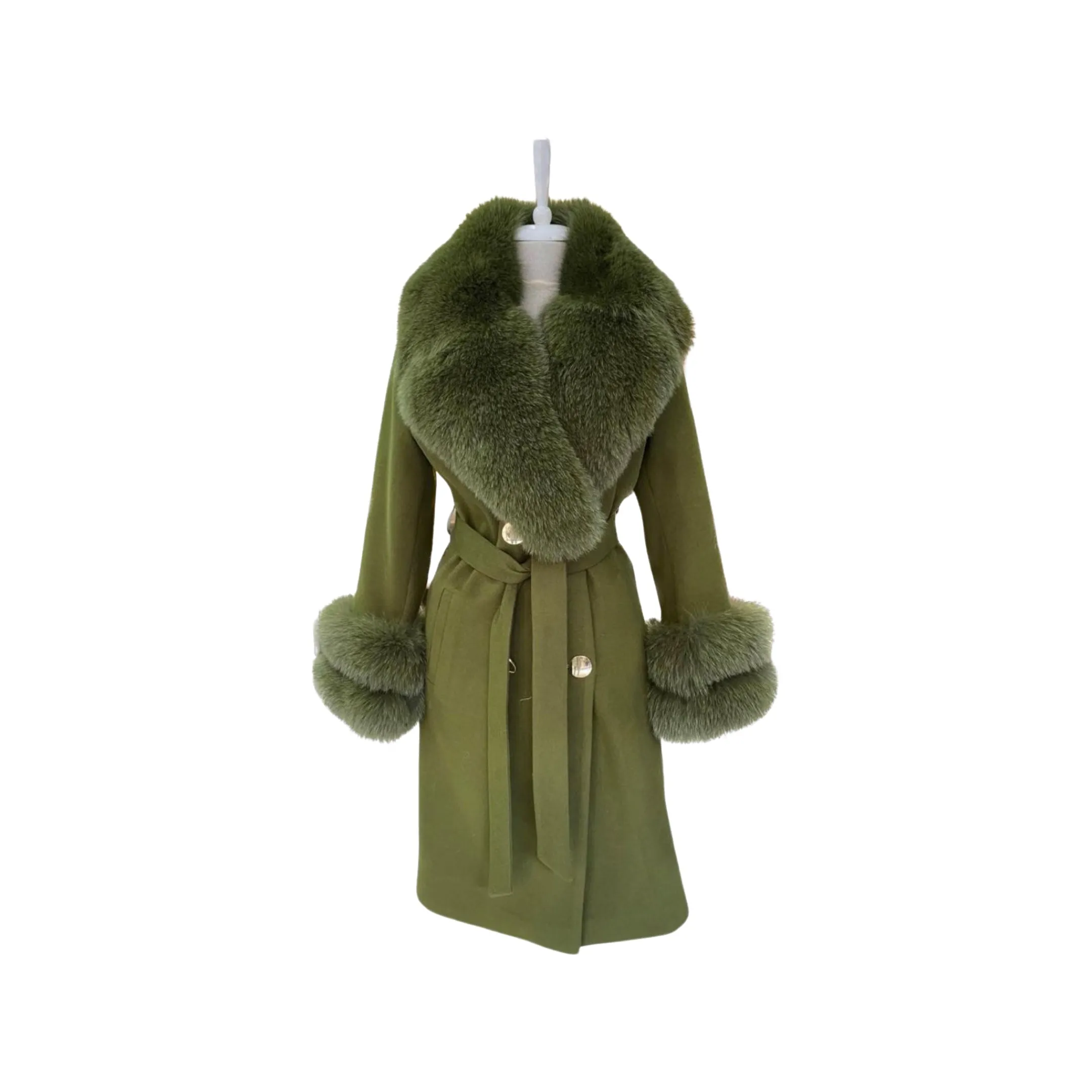 Women's PISTACHIO  Wool Coat with detachable Fox Collar and Cuffs  Trimmed Hood Style # K-10