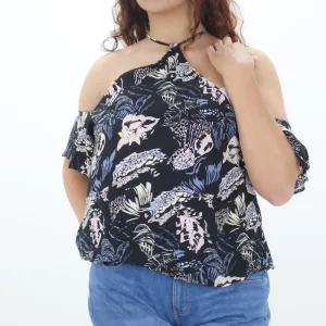 Women's Printed Cold Shoulder Top,Black