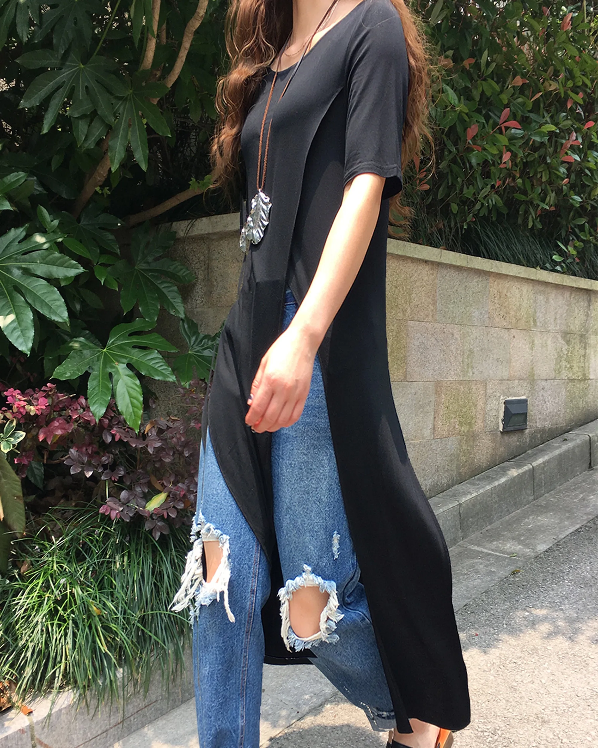 Women's tunic dress/modal cotton tunic dress/short sleeve dress/asymmetrical top/customized black dress(Y1943)