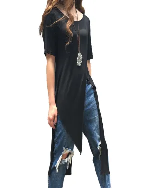Women's tunic dress/modal cotton tunic dress/short sleeve dress/asymmetrical top/customized black dress(Y1943)
