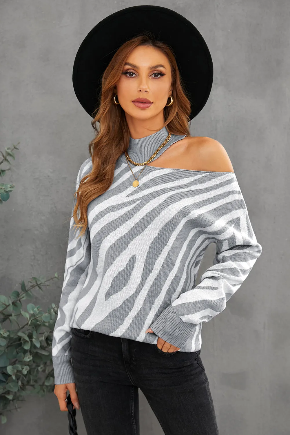 Women's Zebra Print Mock Neck One Shoulder Cut Out Sweater
