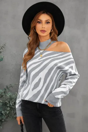 Women's Zebra Print Mock Neck One Shoulder Cut Out Sweater