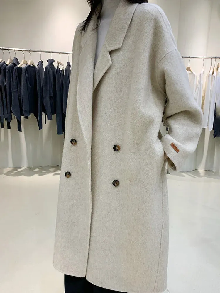 xakxx-New Women High Quality Alpaca Double-sided Wool Coat Loose Lapel Long Sleeve Fashion Lace-up Natural Woolen Jacket Autumn Winter