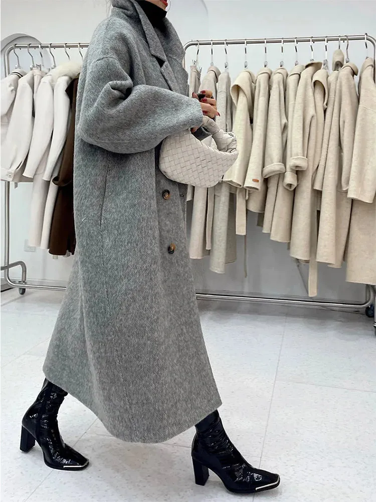 xakxx-New Women High Quality Alpaca Double-sided Wool Coat Loose Lapel Long Sleeve Fashion Lace-up Natural Woolen Jacket Autumn Winter
