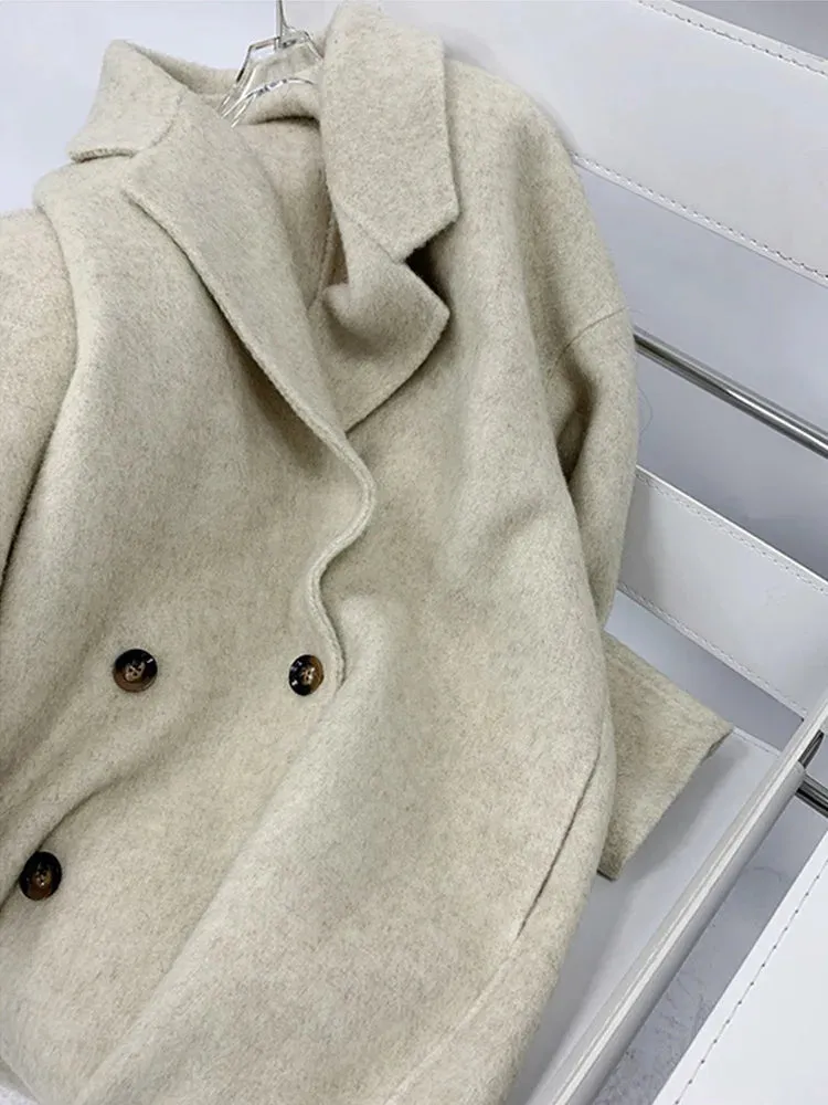 xakxx-New Women High Quality Alpaca Double-sided Wool Coat Loose Lapel Long Sleeve Fashion Lace-up Natural Woolen Jacket Autumn Winter