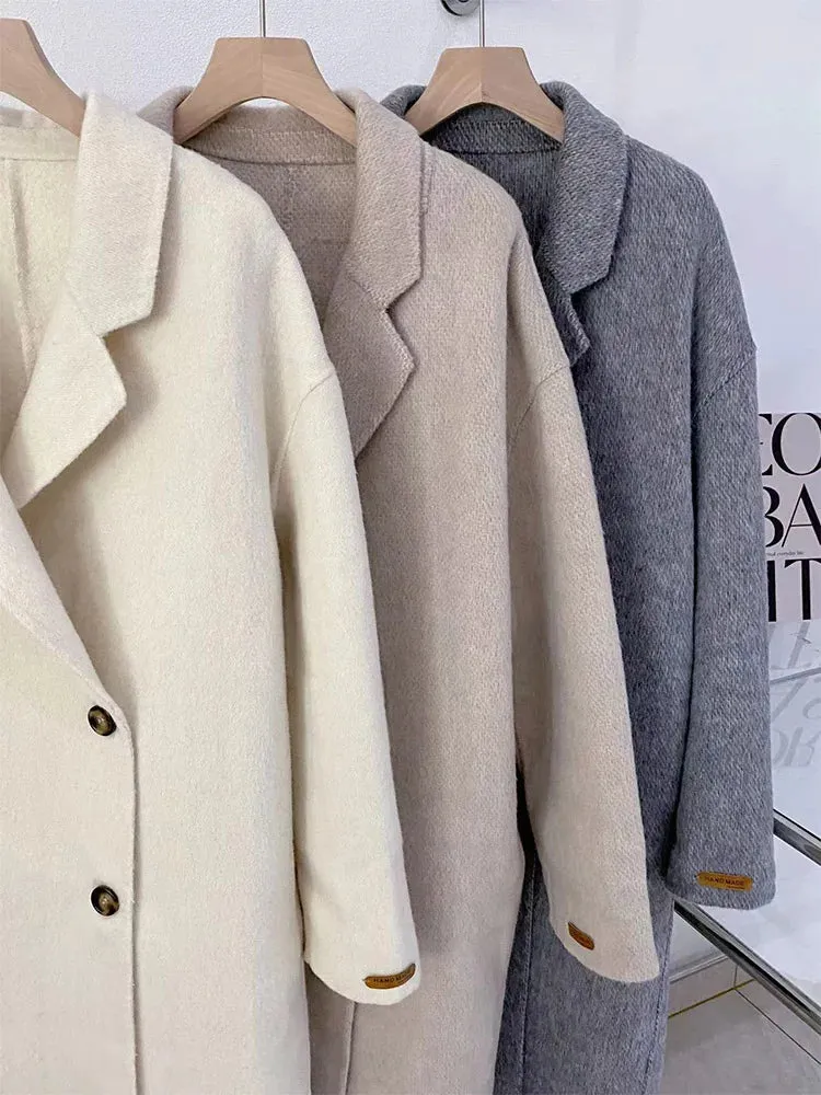 xakxx-New Women High Quality Alpaca Double-sided Wool Coat Loose Lapel Long Sleeve Fashion Lace-up Natural Woolen Jacket Autumn Winter