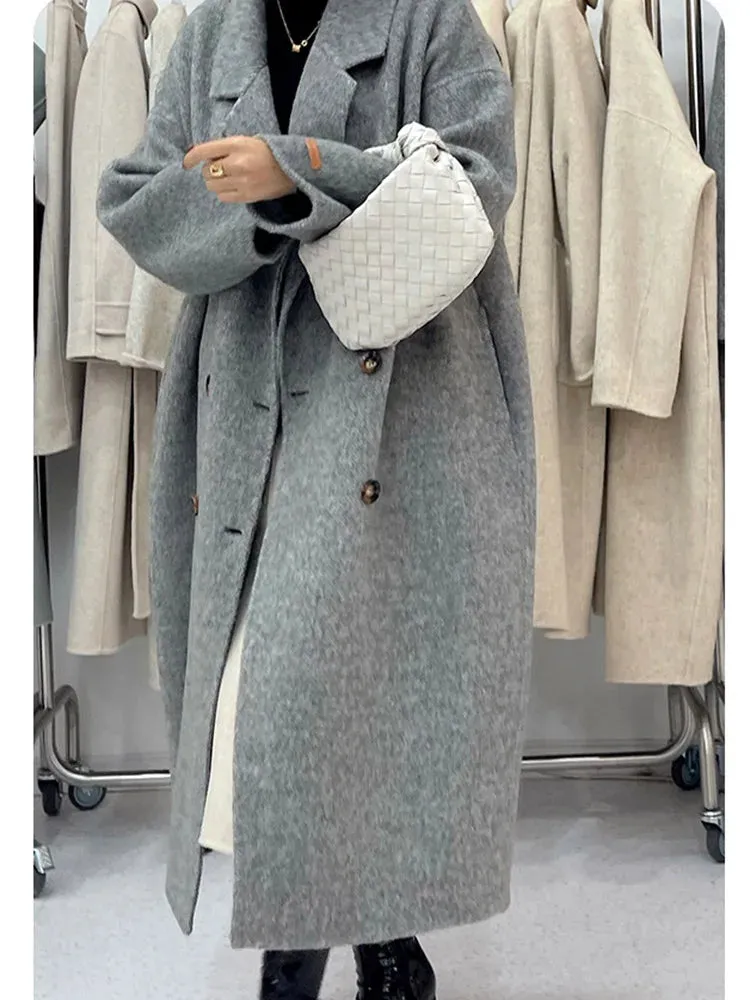 xakxx-New Women High Quality Alpaca Double-sided Wool Coat Loose Lapel Long Sleeve Fashion Lace-up Natural Woolen Jacket Autumn Winter