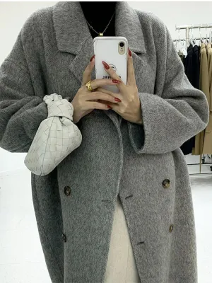 xakxx-New Women High Quality Alpaca Double-sided Wool Coat Loose Lapel Long Sleeve Fashion Lace-up Natural Woolen Jacket Autumn Winter
